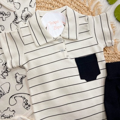 Conj. de Malha 3 peças - Dinos - Off White e Preto